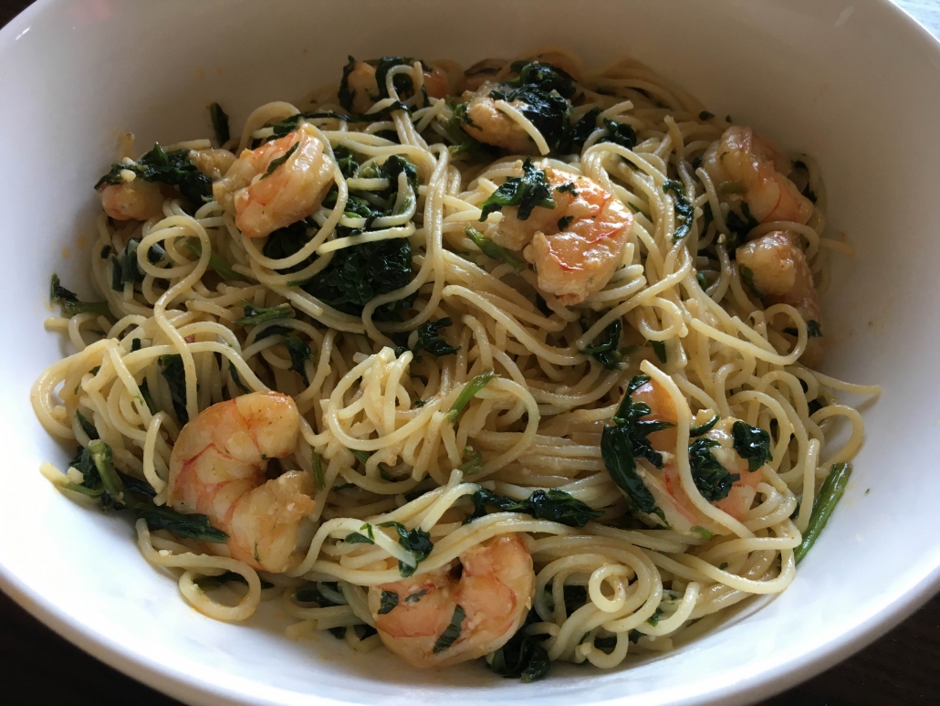 Spaghetti in spinach and garlic lemon shrimp - Lara Abdulhadi